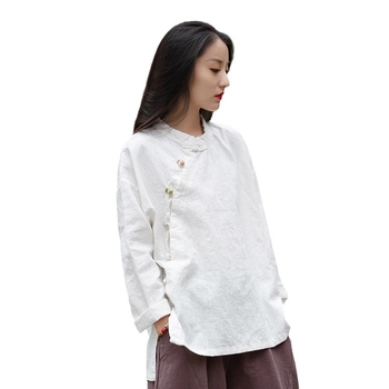 Риза от ramie и памук смес, едноцветна, със стойка яка, дълги ръкави, пясъчно пране, свободна кройка, винтидж стил, Есен 2025