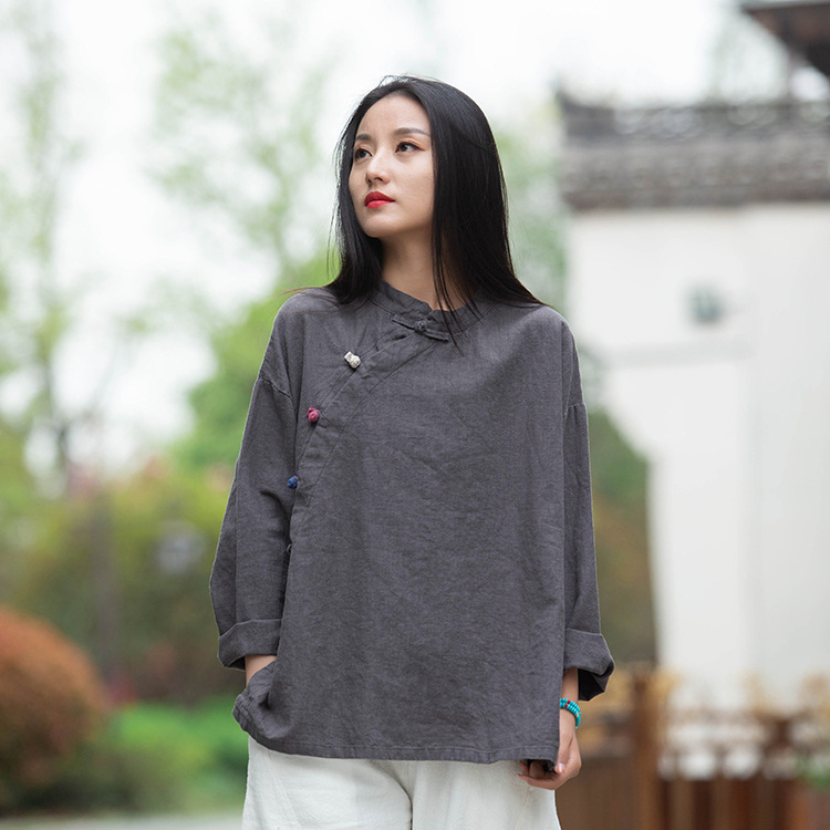 Риза от ramie и памук смес, едноцветна, със стойка яка, дълги ръкави, пясъчно пране, свободна кройка, винтидж стил, Есен 2025