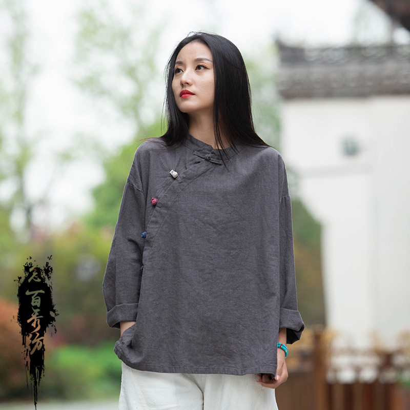 Риза от ramie и памук смес, едноцветна, със стойка яка, дълги ръкави, пясъчно пране, свободна кройка, винтидж стил, Есен 2025