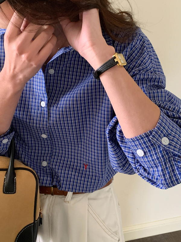 Риза с малка каре бродерия, решетъчен модел, патчворк детайл, дълги ръкави, яка на риза