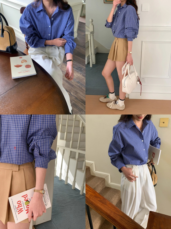 Риза с малка каре бродерия, решетъчен модел, патчворк детайл, дълги ръкави, яка на риза