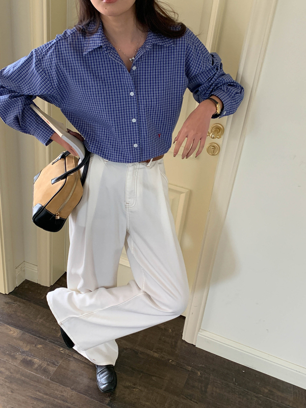 Риза с малка каре бродерия, решетъчен модел, патчворк детайл, дълги ръкави, яка на риза