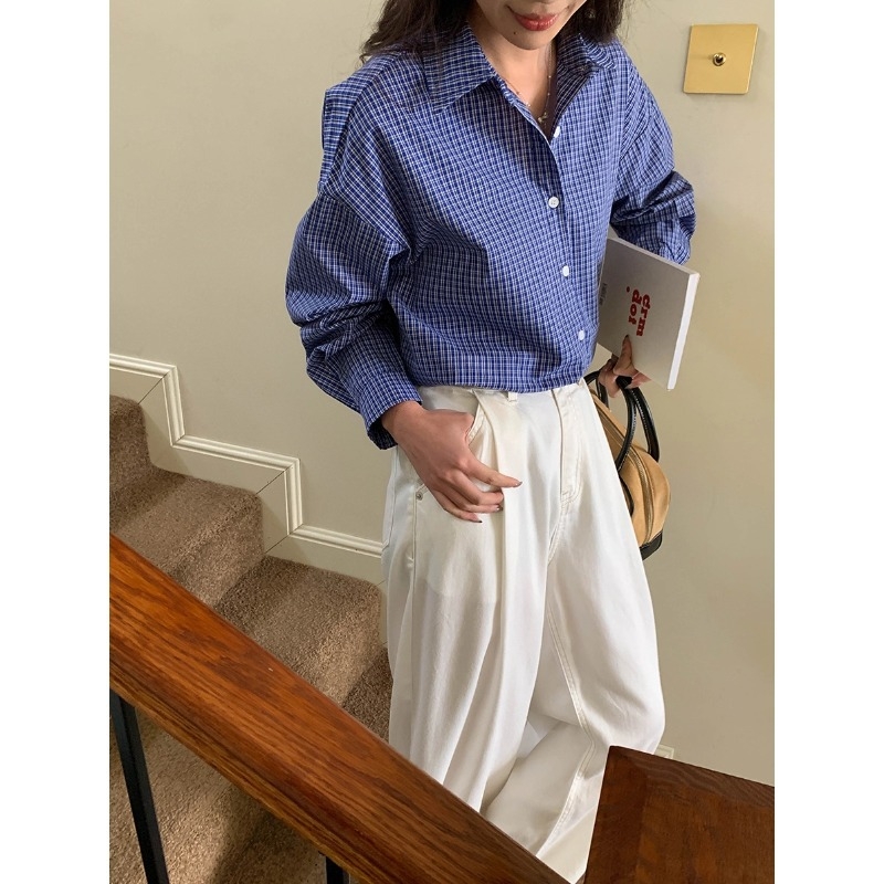 Риза с малка каре бродерия, решетъчен модел, патчворк детайл, дълги ръкави, яка на риза