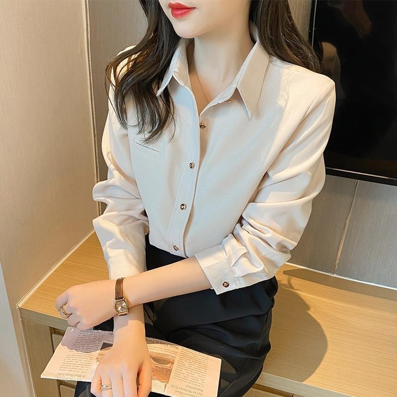 Риза с дизайн на кардиган в стил Шанел, полиестерова смесена тъкан, дълги ръкави, яка поло