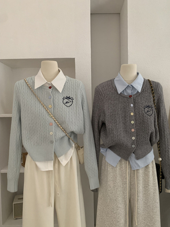 Двукомпонентен комплект ризи: риза с яка, дълги ръкави, бродерия с любовно сърце, колаж/сглобяване, полиестер