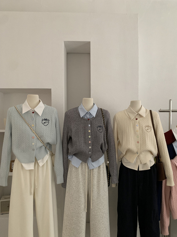 Двукомпонентен комплект ризи: риза с яка, дълги ръкави, бродерия с любовно сърце, колаж/сглобяване, полиестер