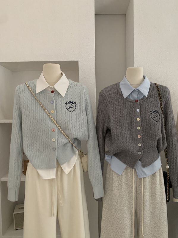 Двукомпонентен комплект ризи: риза с яка, дълги ръкави, бродерия с любовно сърце, колаж/сглобяване, полиестер