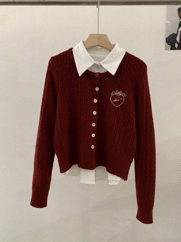 Двукомпонентен комплект ризи: риза с яка, дълги ръкави, бродерия с любовно сърце, колаж/сглобяване, полиестер