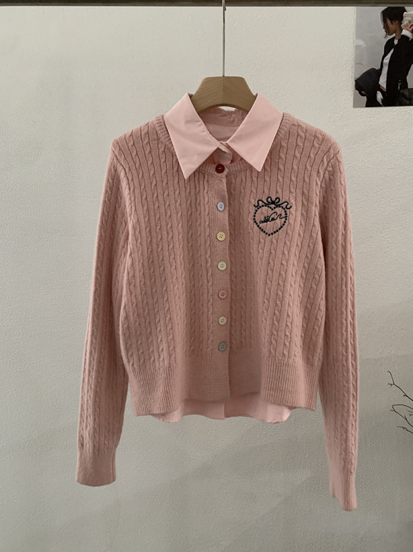 Двукомпонентен комплект ризи: риза с яка, дълги ръкави, бродерия с любовно сърце, колаж/сглобяване, полиестер