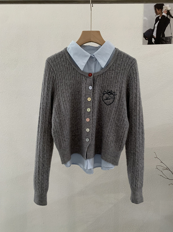 Двукомпонентен комплект ризи: риза с яка, дълги ръкави, бродерия с любовно сърце, колаж/сглобяване, полиестер