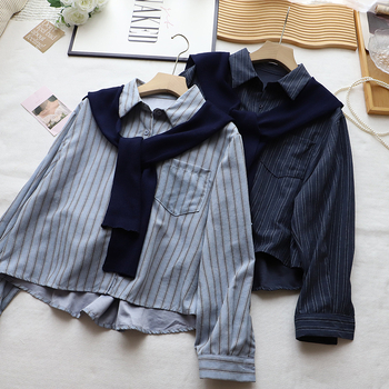 Bizheng 4867 Двукомпонентен комплект: риза с дълъг ръкав в райета и пончо, памучно-полиестерова смес