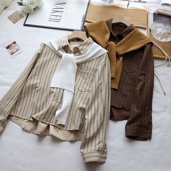 Bizheng 4867 Двукомпонентен комплект: риза с дълъг ръкав в райета и пончо, памучно-полиестерова смес