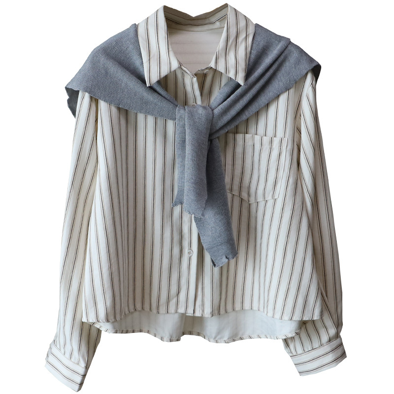 Bizheng 4867 Двукомпонентен комплект: риза с дълъг ръкав в райета и пончо, памучно-полиестерова смес