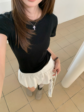 GAGD Тенцел-вълнен микс къс ръкав женска тениска, кръгло деколте, тясна кройка, едноцветна, Пролет 2025