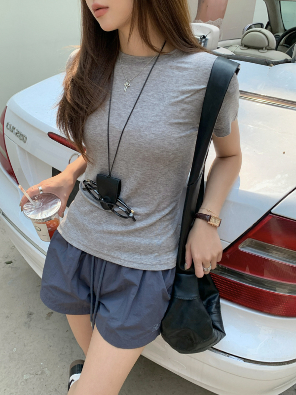 GAGD Тенцел-вълнен микс къс ръкав женска тениска, кръгло деколте, тясна кройка, едноцветна, Пролет 2025