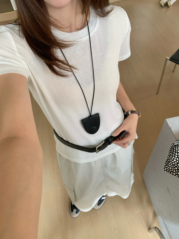 GAGD Тенцел-вълнен микс къс ръкав женска тениска, кръгло деколте, тясна кройка, едноцветна, Пролет 2025