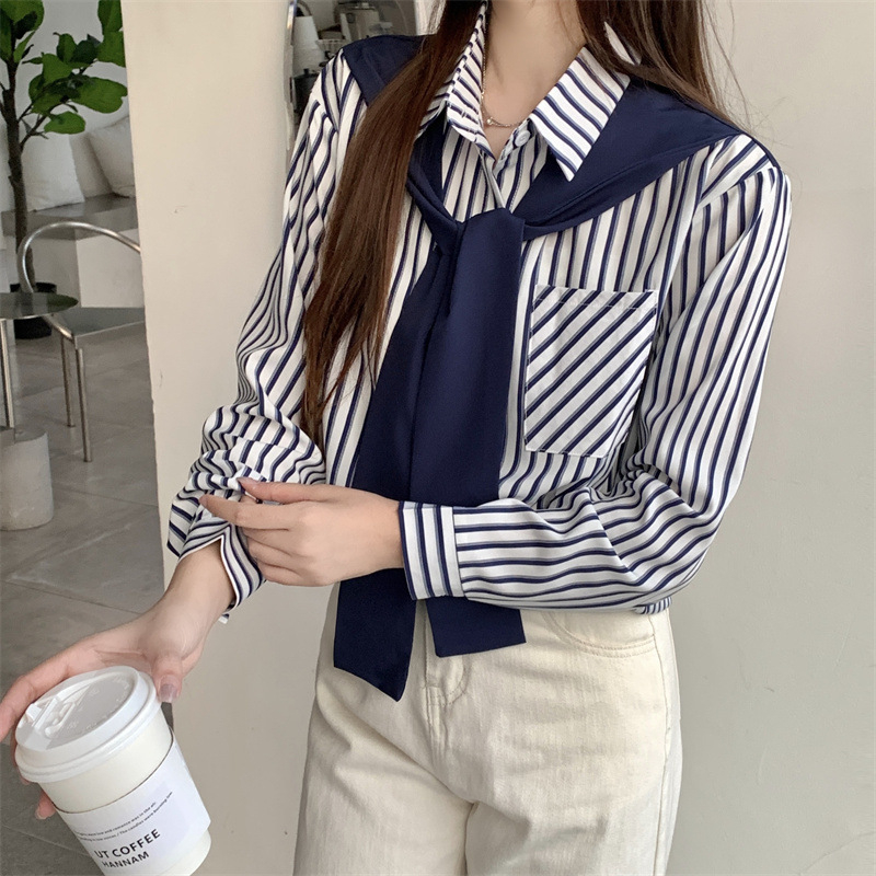 Риза с патчворк и вертикални ивици, Инс стил, дълъг ръкав, полиестер, цветово блокиране