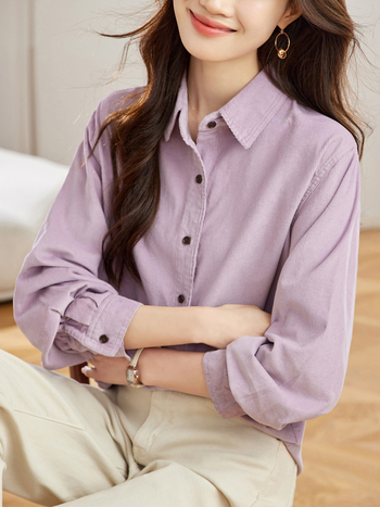 Риза от памук с мъхната обработка, едноцветна, поло яка, дълги ръкави, свободна кройка