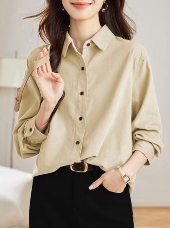 Риза от памук с мъхната обработка, едноцветна, поло яка, дълги ръкави, свободна кройка