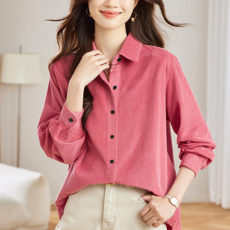 Риза от памук с мъхната обработка, едноцветна, поло яка, дълги ръкави, свободна кройка