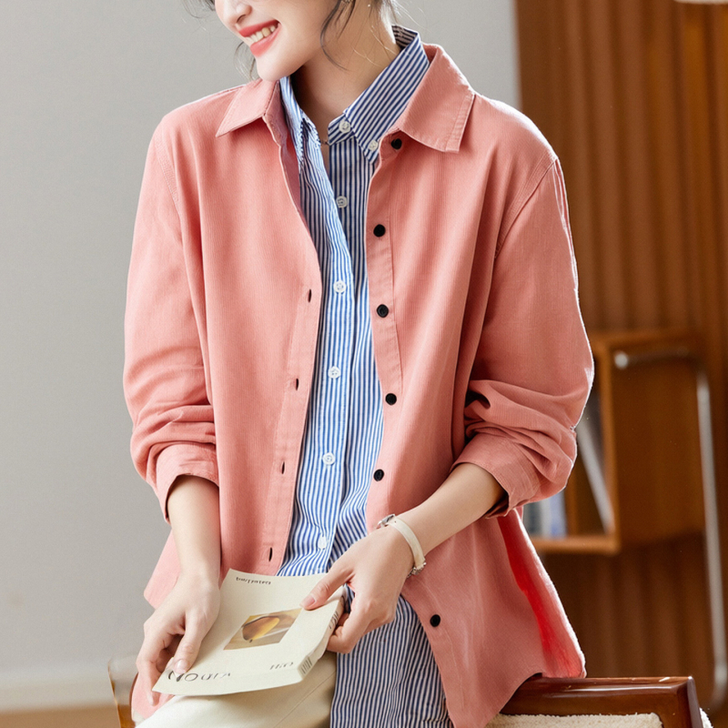 Риза от памук с мъхната обработка, едноцветна, поло яка, дълги ръкави, свободна кройка