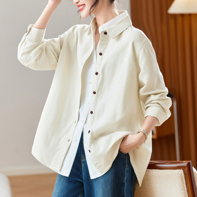 Риза от памук с мъхната обработка, едноцветна, поло яка, дълги ръкави, свободна кройка