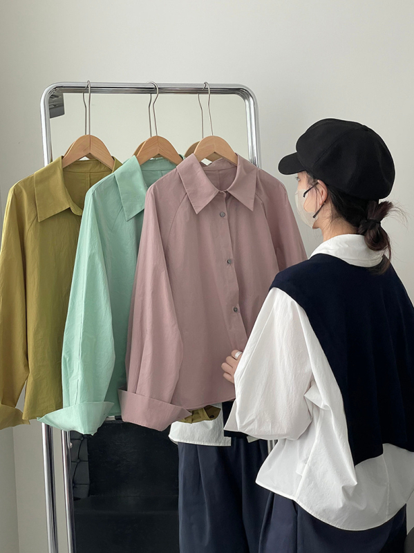 Памучна риза, корейски стил, дълъг ръкав, лапелна яка, реглан ръкави
