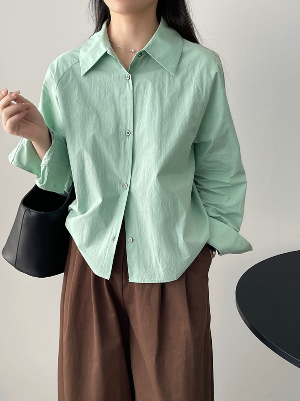 Памучна риза, корейски стил, дълъг ръкав, лапелна яка, реглан ръкави