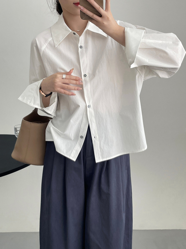 Памучна риза, корейски стил, дълъг ръкав, лапелна яка, реглан ръкави