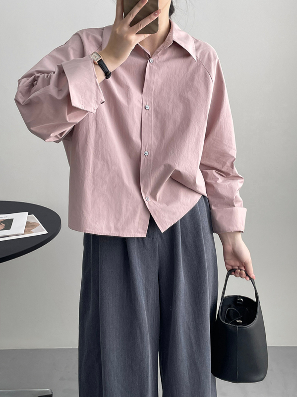 Памучна риза, корейски стил, дълъг ръкав, лапелна яка, реглан ръкави