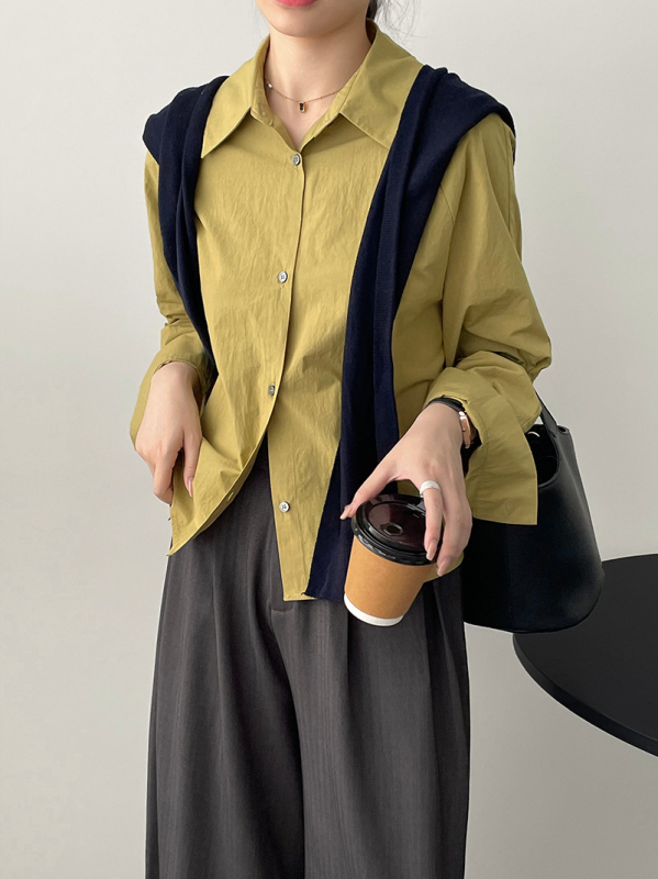 Памучна риза, корейски стил, дълъг ръкав, лапелна яка, реглан ръкави