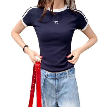 Notika дамска тениска Slim-fit, кръгло деколте, къс ръкав, колажни детайли, солиден модел, смес от вискоза и памук с еластан (46.3% вискоза, 46.2% памук, 7.5% еластан)