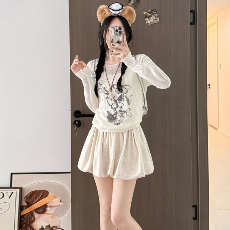 Kórejský štýl pletená A-líniová minisukňa s vysokým pásom, plisovaná, casual