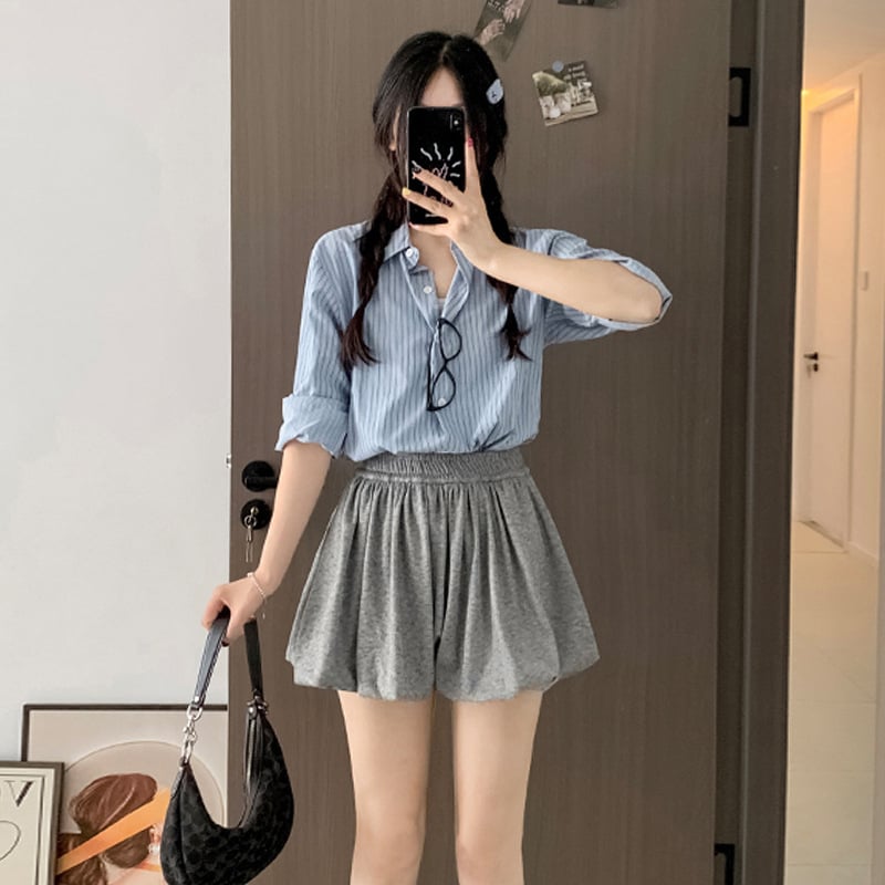 Kórejský štýl pletená A-líniová minisukňa s vysokým pásom, plisovaná, casual