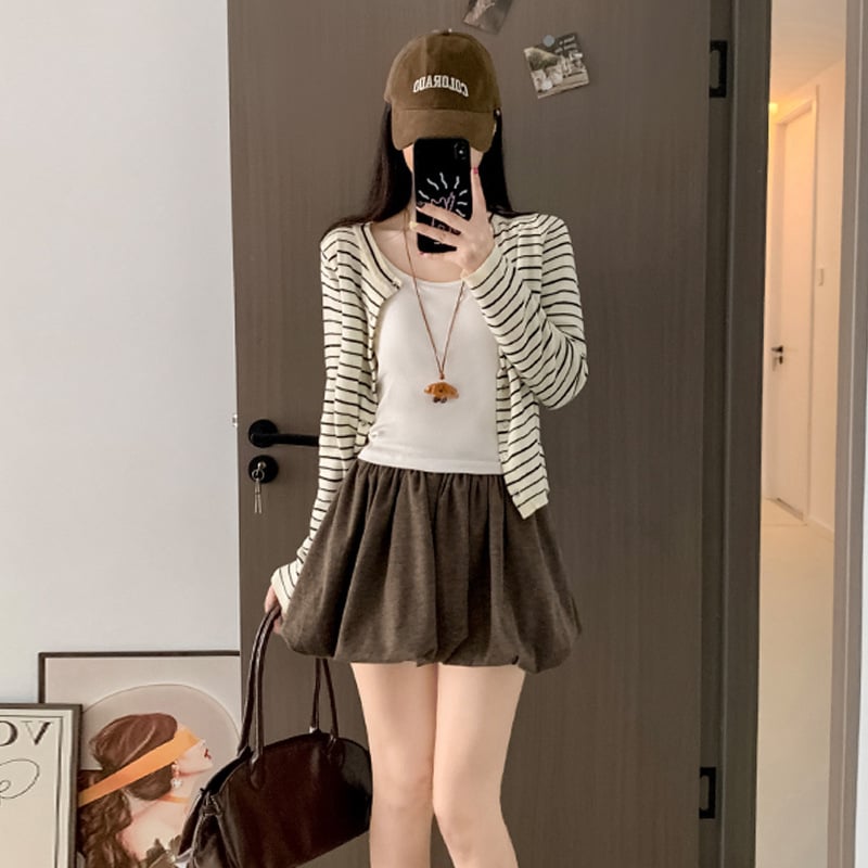 Kórejský štýl pletená A-líniová minisukňa s vysokým pásom, plisovaná, casual