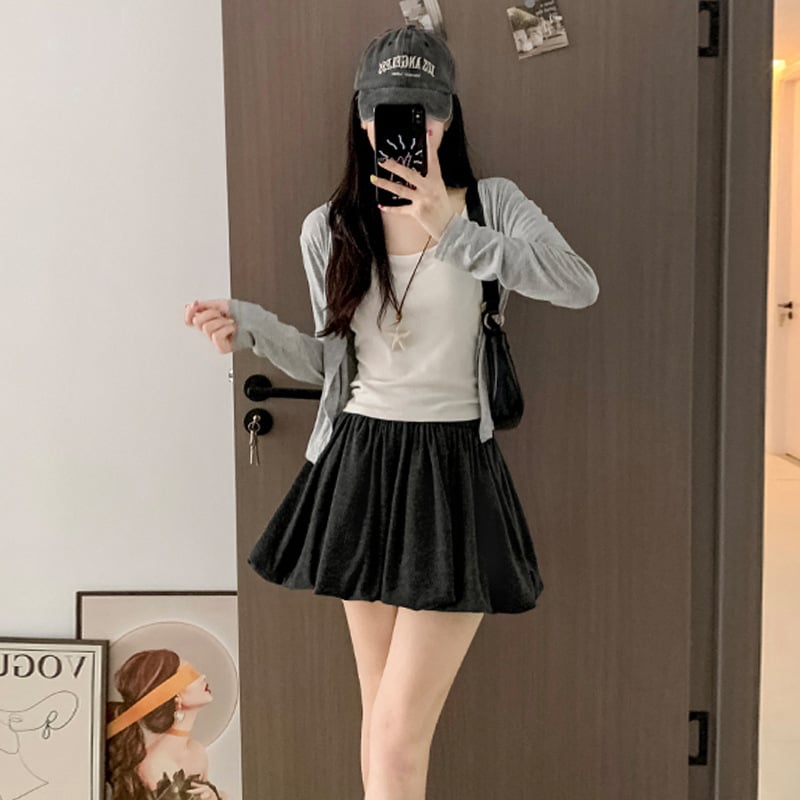 Kórejský štýl pletená A-líniová minisukňa s vysokým pásom, plisovaná, casual