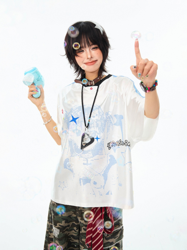 Дамска тениска T‑шърт с реглан ръкав и V‑образно деколте, свободна кройка, полиестер, карикатурен принт