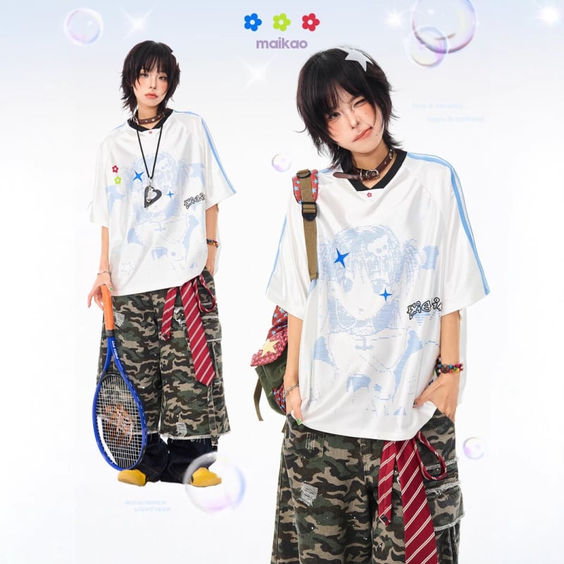 Дамска тениска T‑шърт с реглан ръкав и V‑образно деколте, свободна кройка, полиестер, карикатурен принт