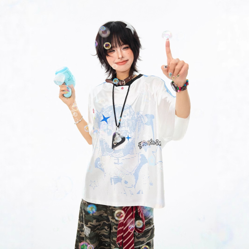 Дамска тениска T‑шърт с реглан ръкав и V‑образно деколте, свободна кройка, полиестер, карикатурен принт