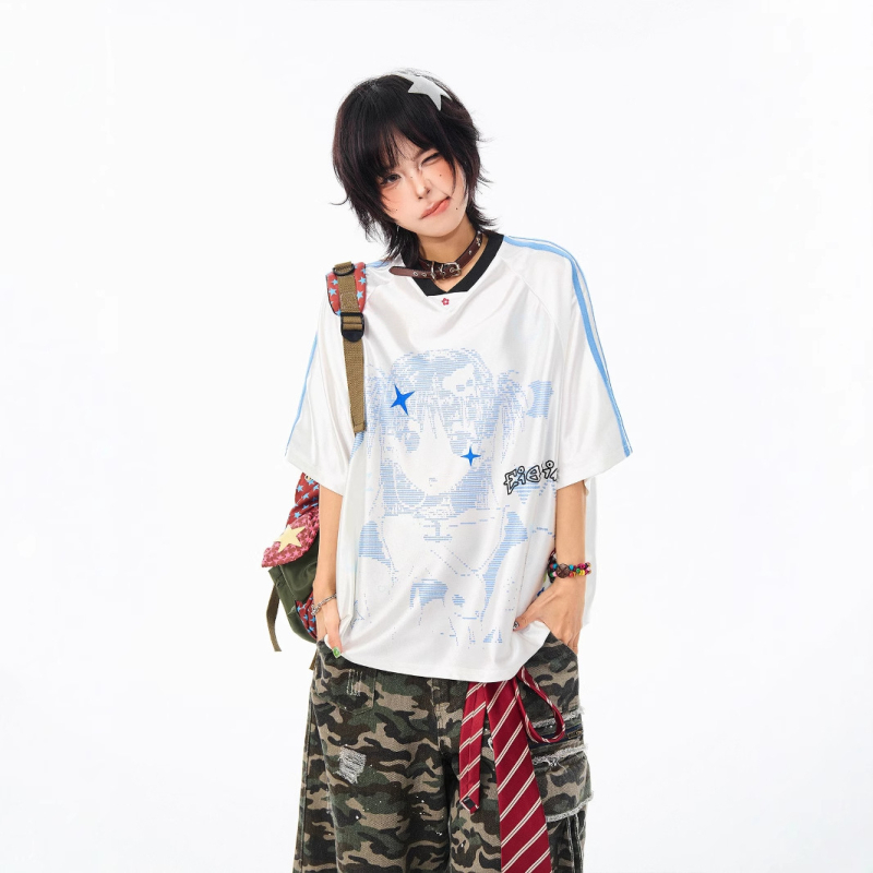 Дамска тениска T‑шърт с реглан ръкав и V‑образно деколте, свободна кройка, полиестер, карикатурен принт