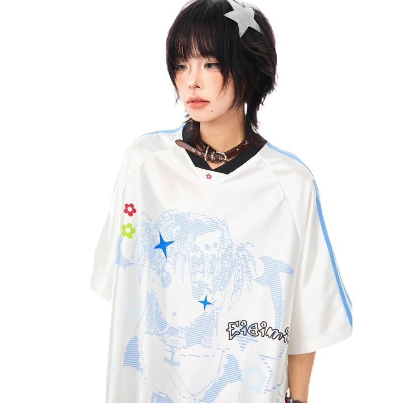 Дамска тениска T‑шърт с реглан ръкав и V‑образно деколте, свободна кройка, полиестер, карикатурен принт