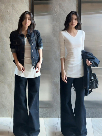 Слим фит памук-полиестер смесена тениска с V-образно деколте и дълги ръкави, средна дължина на блузата и патчворк детайл