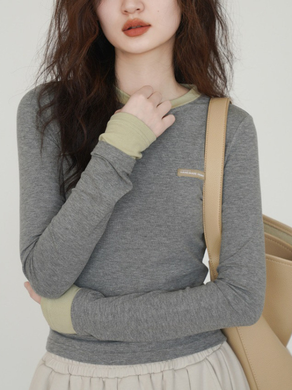 Цветно-блокирана тениска с дълъг ръкав, градски делник стил, кръгла яка, слим фит, стандартна дължина, есен 2025