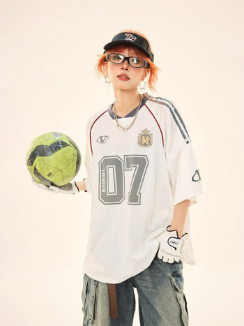 Женска мрежеста тениска за регби, свободна кройка, раглан ръкави, V-образна яка, печат с букви/цифри, Полиестер 95%+