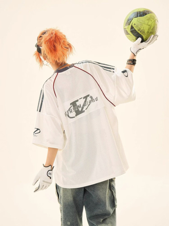 Женска мрежеста тениска за регби, свободна кройка, раглан ръкави, V-образна яка, печат с букви/цифри, Полиестер 95%+