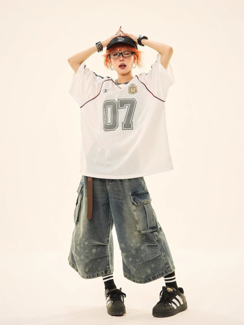 Женска мрежеста тениска за регби, свободна кройка, раглан ръкави, V-образна яка, печат с букви/цифри, Полиестер 95%+