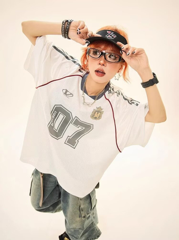 Женска мрежеста тениска за регби, свободна кройка, раглан ръкави, V-образна яка, печат с букви/цифри, Полиестер 95%+