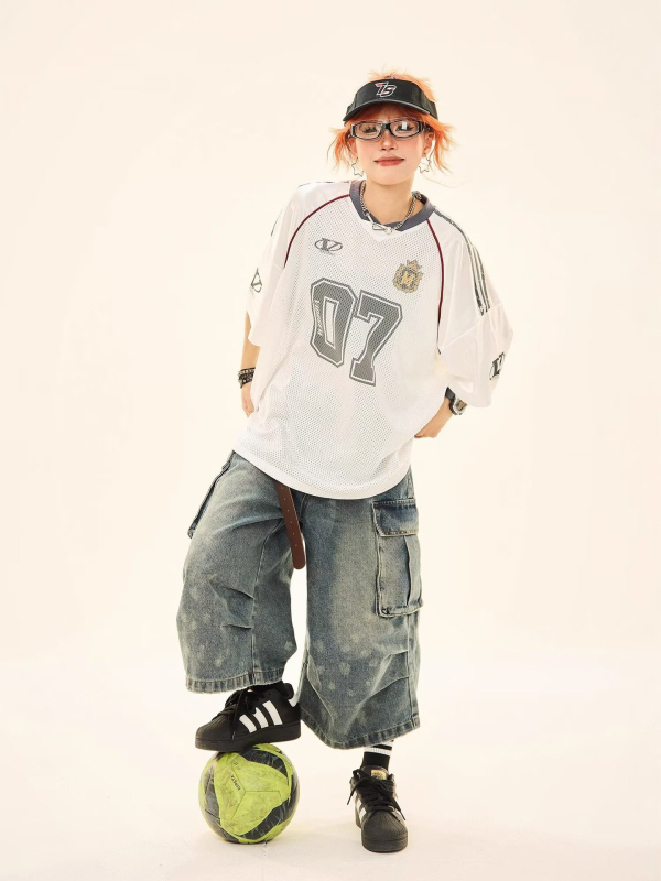 Женска мрежеста тениска за регби, свободна кройка, раглан ръкави, V-образна яка, печат с букви/цифри, Полиестер 95%+