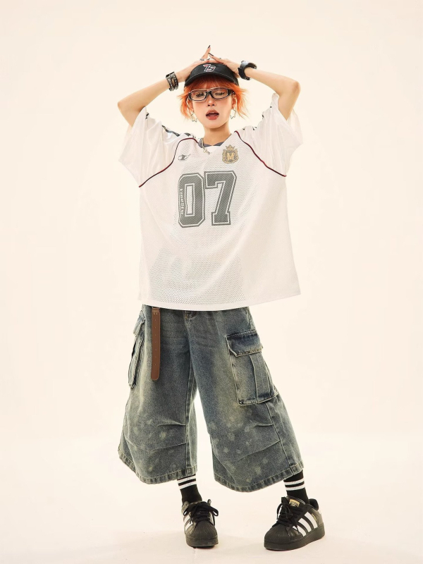 Женска мрежеста тениска за регби, свободна кройка, раглан ръкави, V-образна яка, печат с букви/цифри, Полиестер 95%+