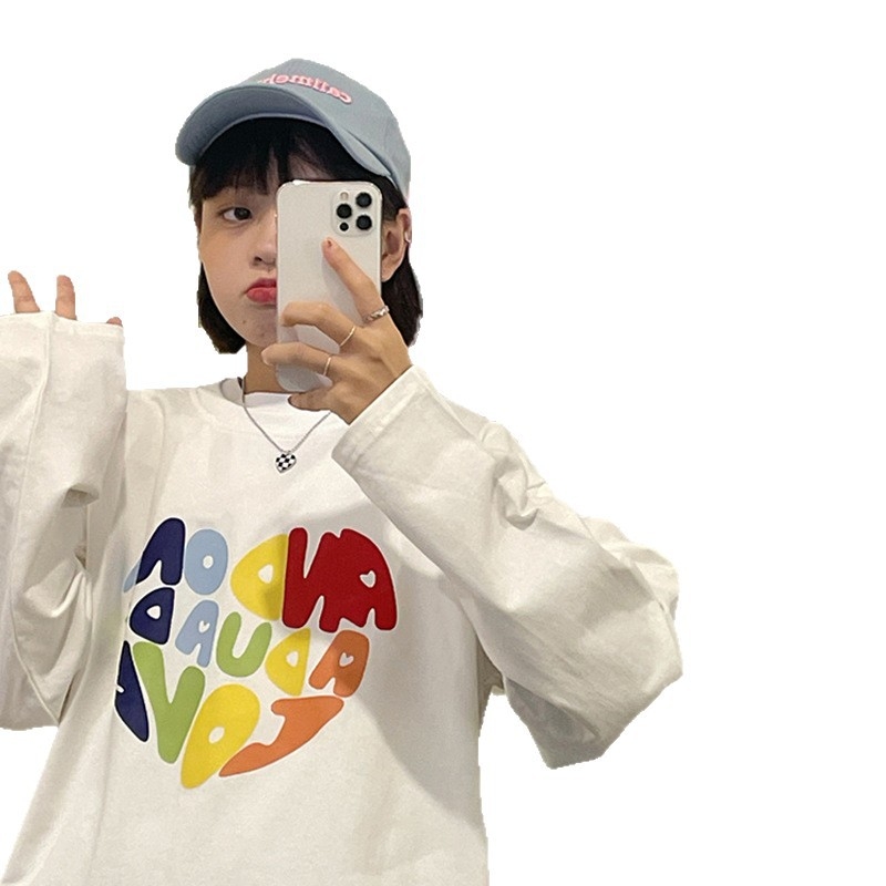 Тениска с дълги ръкави от 100% памук, печат на букви, свободен крой, кръгло деколте, дигитален печат